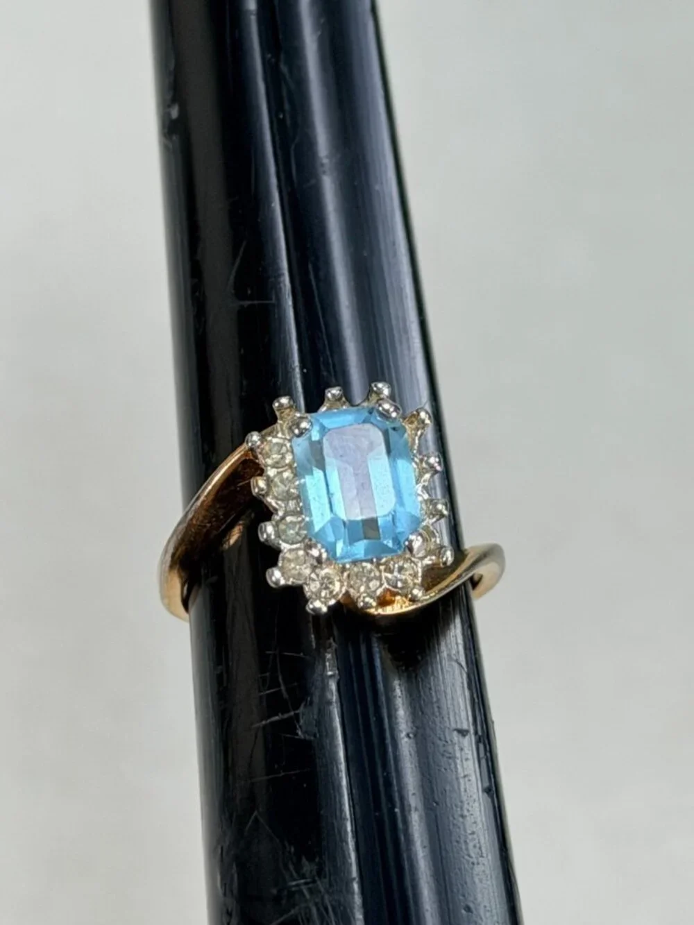 Vintage Stunning Blue Emerald Cut Halo Cocktail Ring Gold Tone Statement